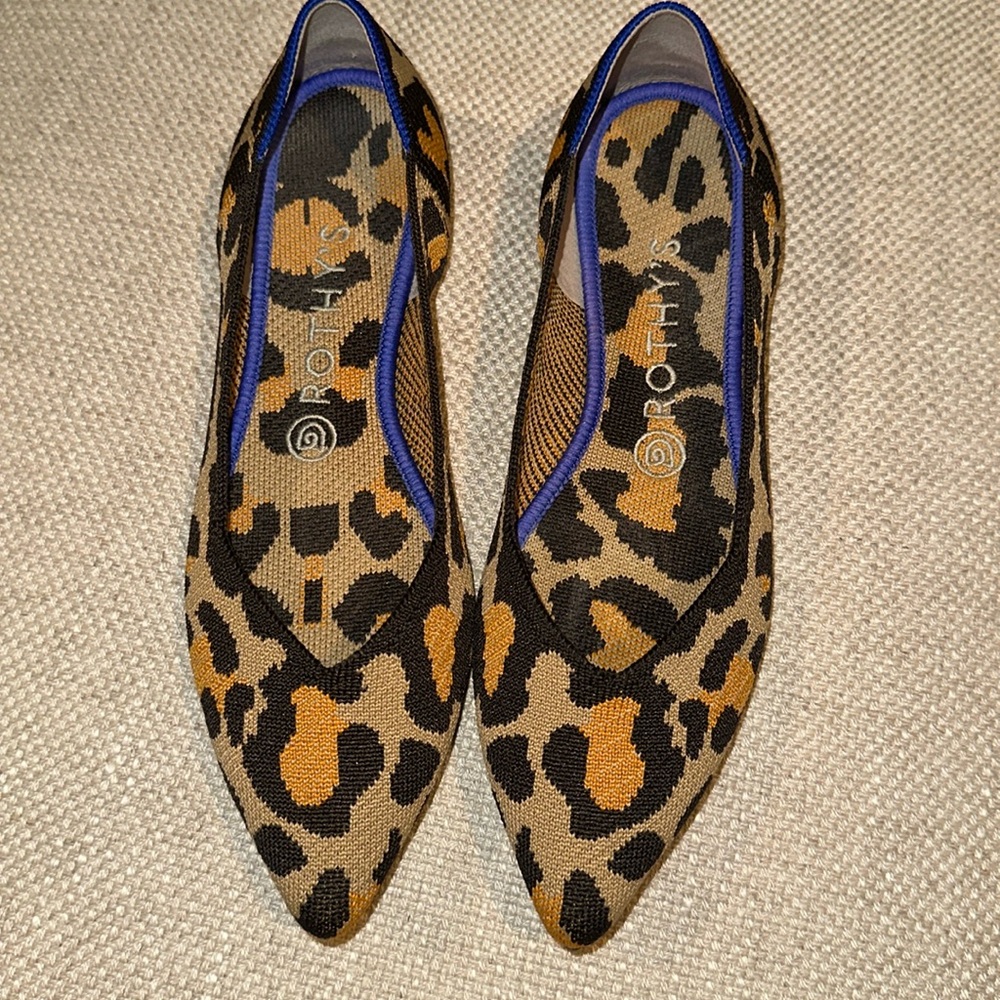 Rothy's The Point Black and Tan Leopard Print Flats